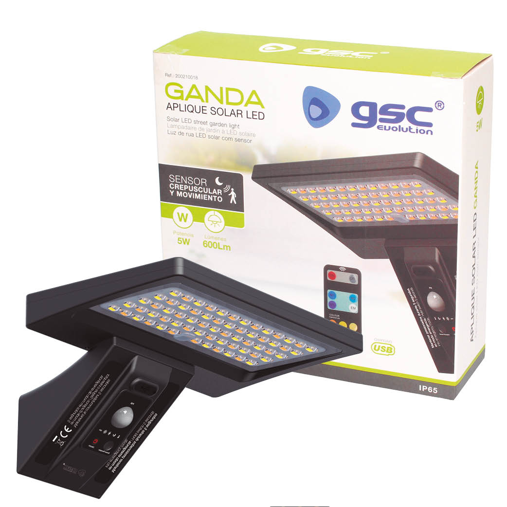 Aplique solar LED Ganda con sensor movimiento y crepuscular 5W 3000 - 4200 - 6000K