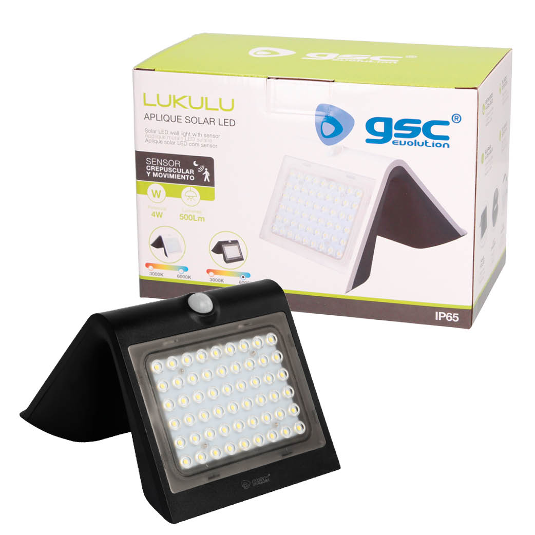 Aplique solar LED Lukulu con sensor de movimiento y crepuscular 4W 6000K Negro