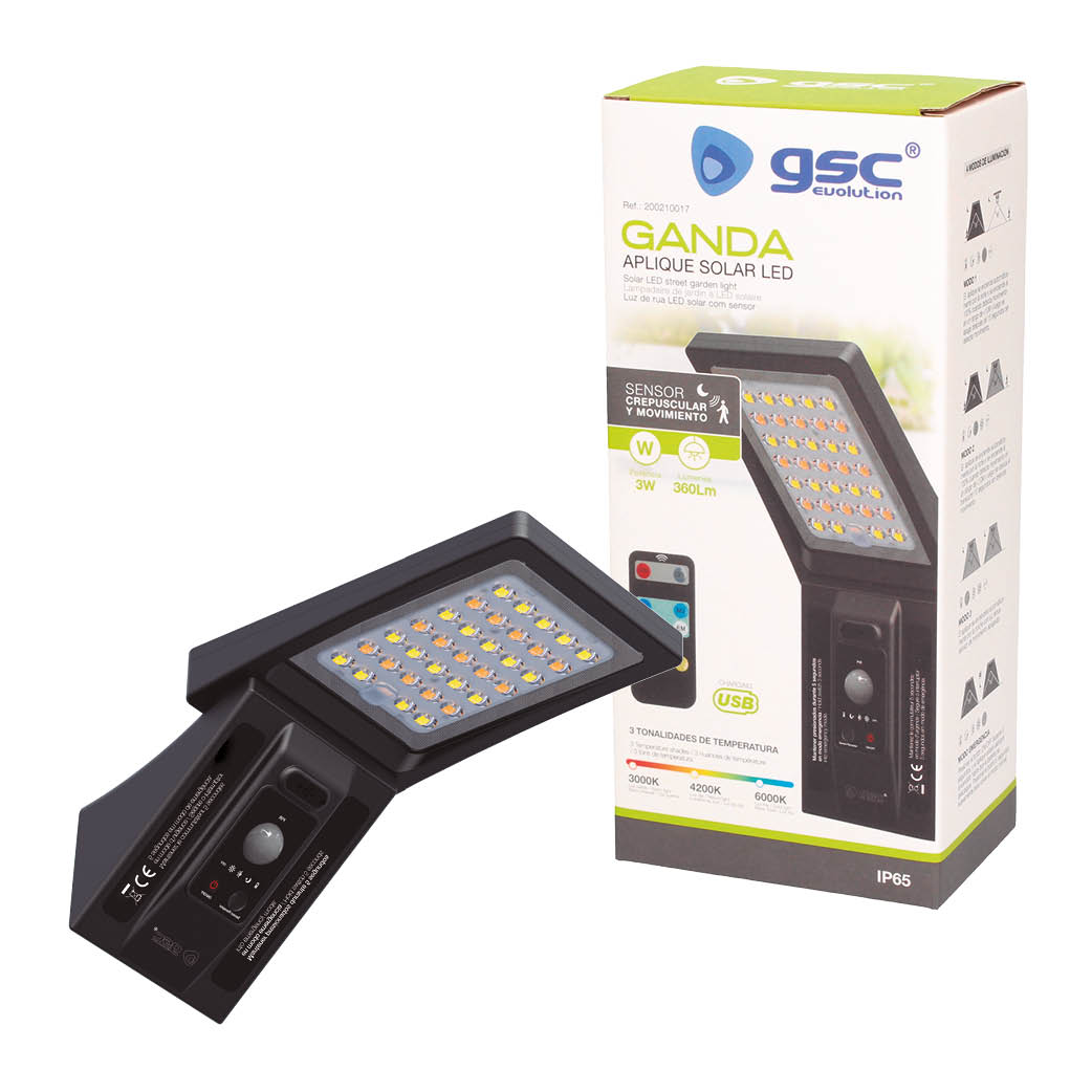 Aplique solar LED Ganda con sensor movimiento y crepuscular 3W 3000 - 4200 - 6000K