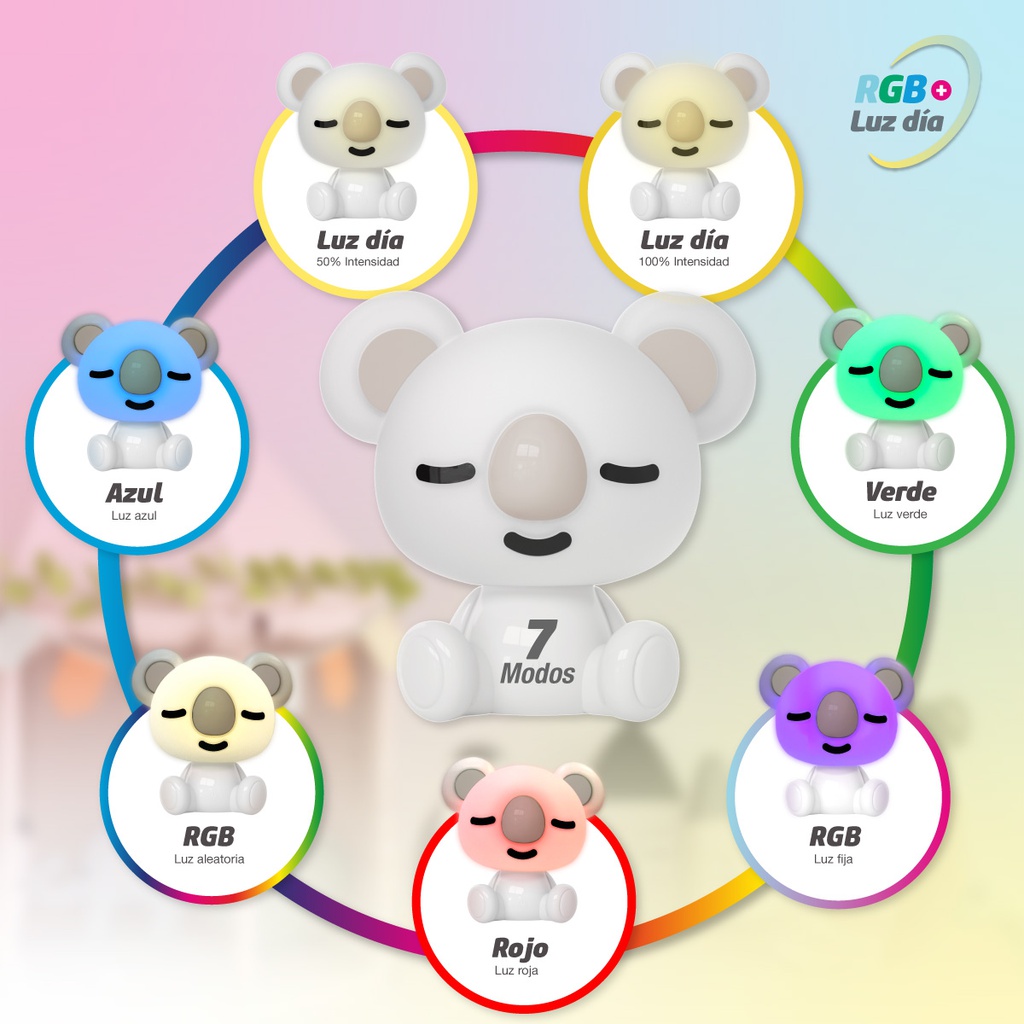 Luz de noche infantil LED Koala 2,5W RGB + luz día batería recargable Blanco