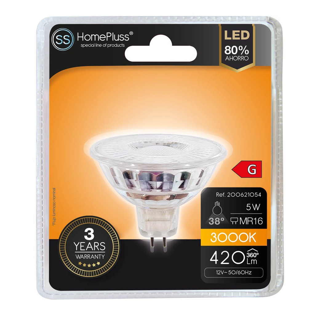 Bombilla LED dicroica cristal 38º 5W MR16 3000K - 12u caja exp