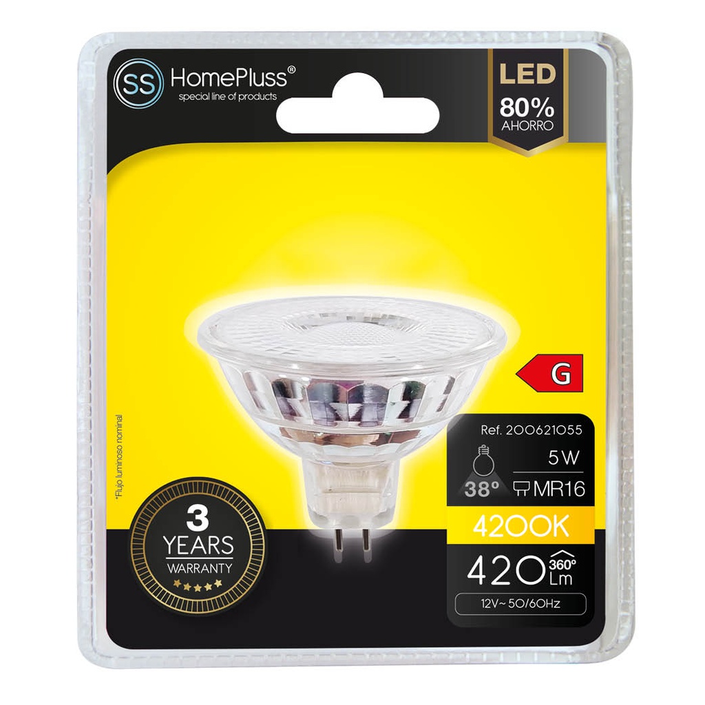 Bombilla LED dicroica cristal 38º 5W MR16 4200K - 12u caja exp