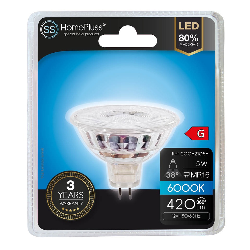 Bombilla LED dicroica cristal 38º 5W MR16 6000K - 12u caja exp