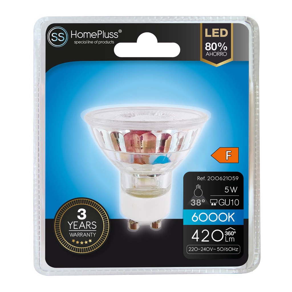 Bombilla LED dicroica cristal 38º 5W GU10 6000K - 12u caja exp