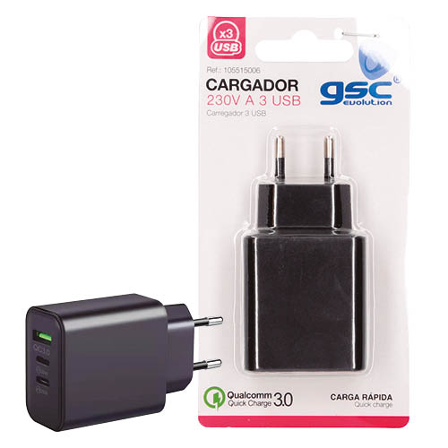 Cargador 230V a 3 USB: 1xQC3.0 + 2xTipo C