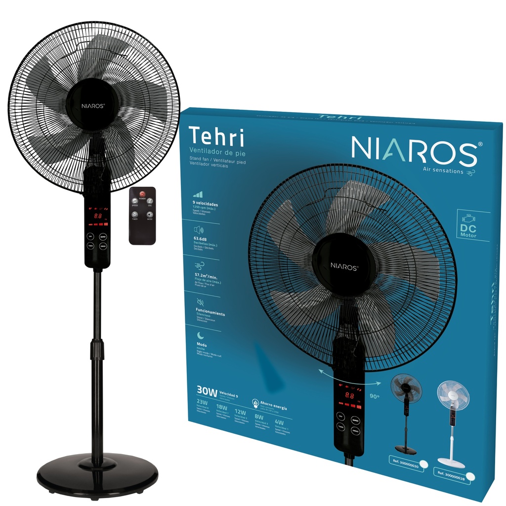 Ventilador de pie con mando y temporizador 43cm 30W motor DC Negro