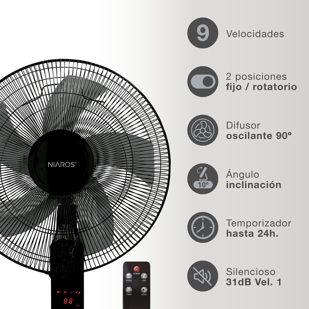 Ventilador de pie con mando y temporizador 43cm 30W motor DC Negro