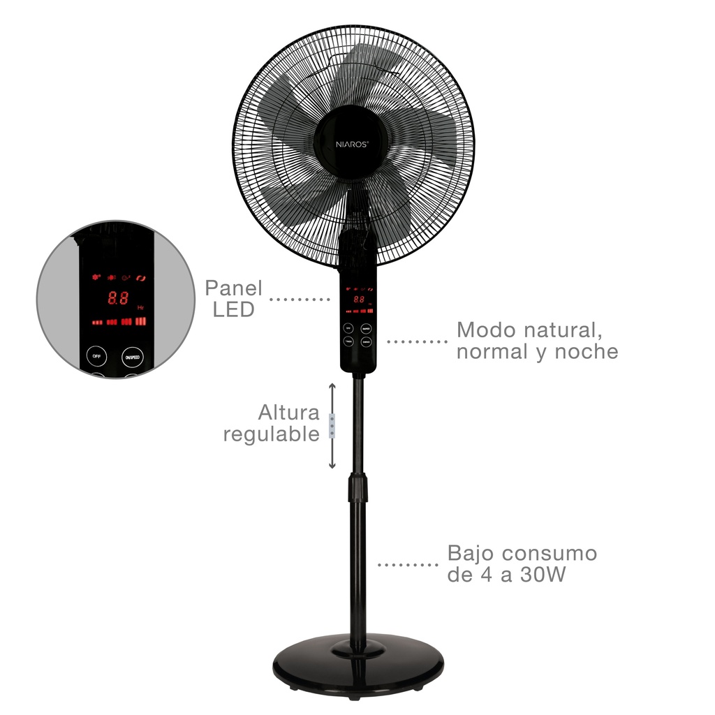 Ventilador de pie con mando y temporizador 43cm 30W motor DC Negro