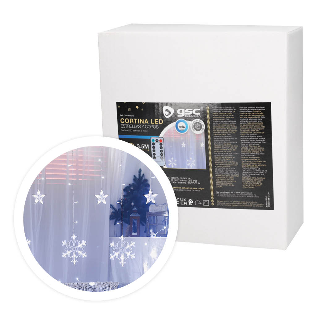 Cortina LED con estrellas y copos de nieve 3,5M 8 funciones Luz fría IP44