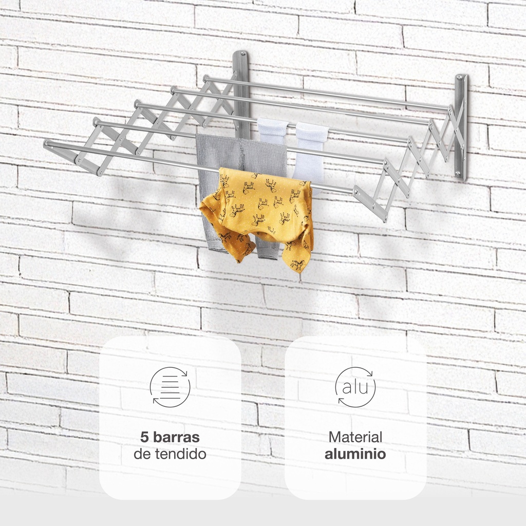 Tendedero extensible pared Bisalla 120cm con 5 barras de tendido