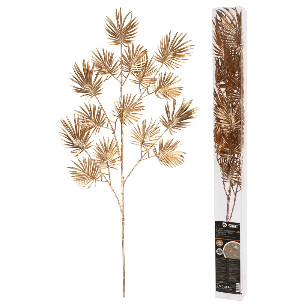 Rama decorativa LED de hojas palmito doradas 0,75M Luz cálida