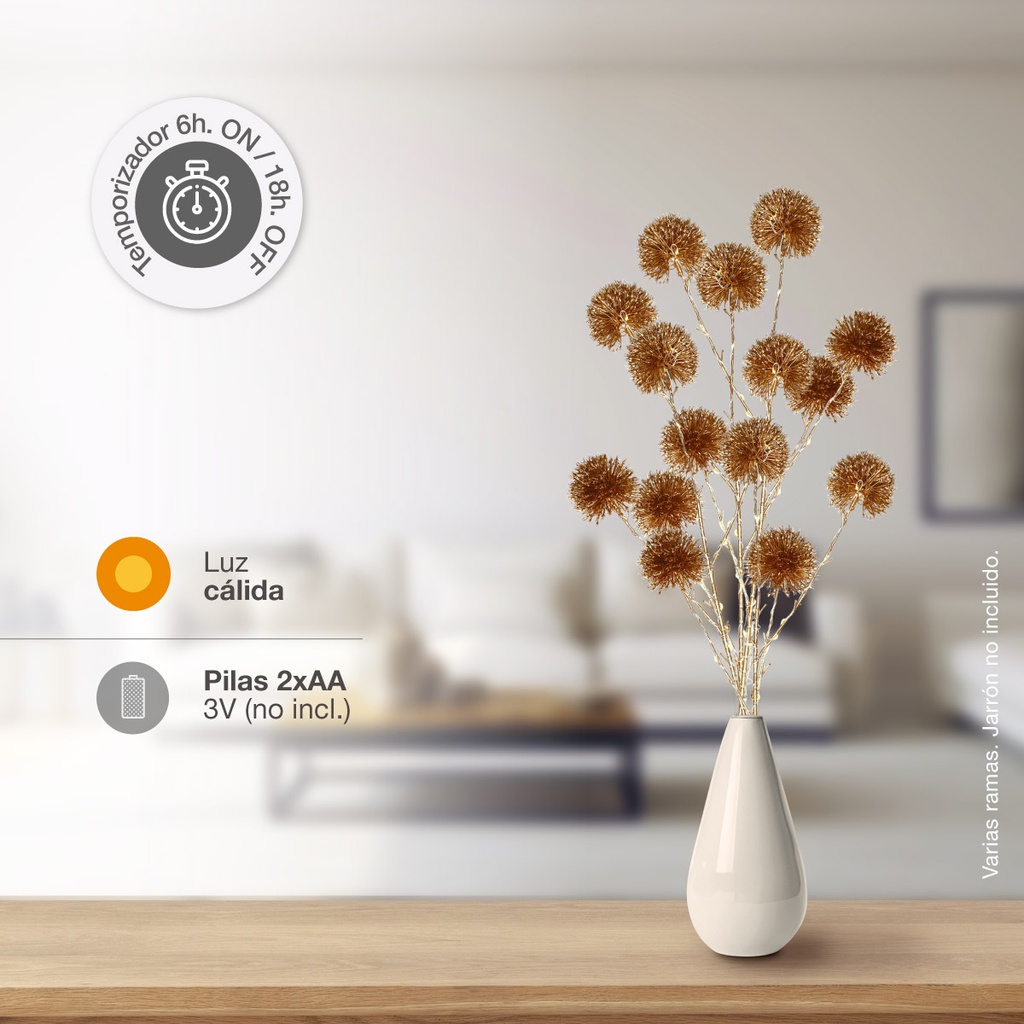 Rama decorativa LED de dientes de león dorados 0,75M Luz cálida