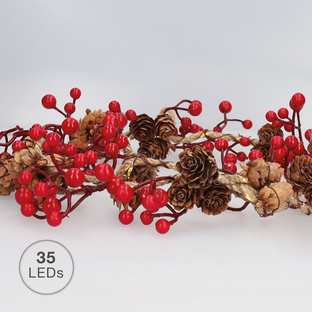 Guirnalda LED de piñas y bayas rojas 1,5M Luz cálida