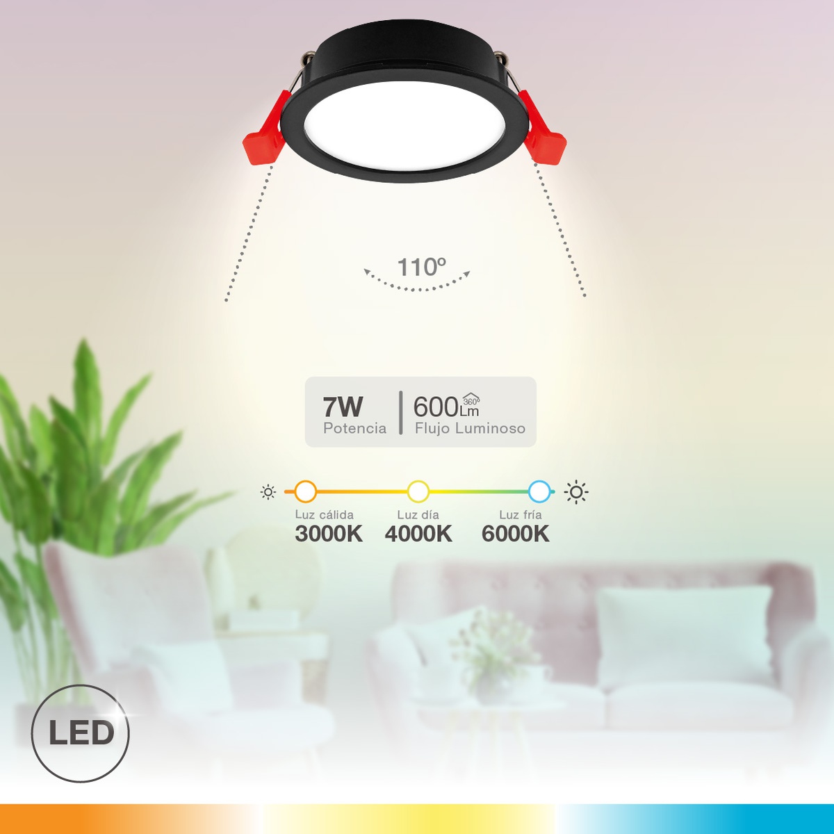 Aro redondo empotrable compacto LED Lumati 7W 3000 - 4000 - 6000K Negro