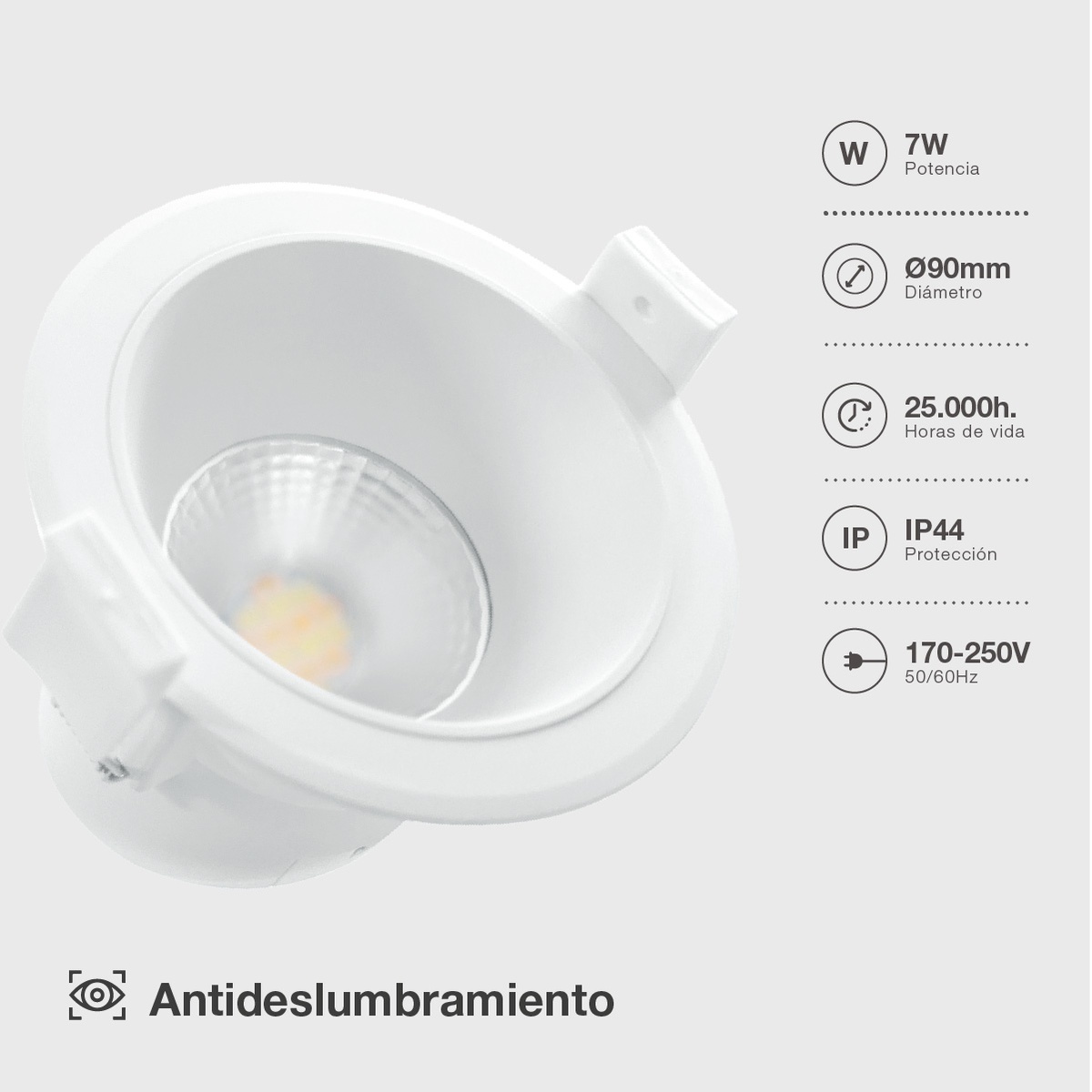 Aro rendondo empotrable LED Mandani 7W 3000-4000-6500K antideslumbramiento Blanco