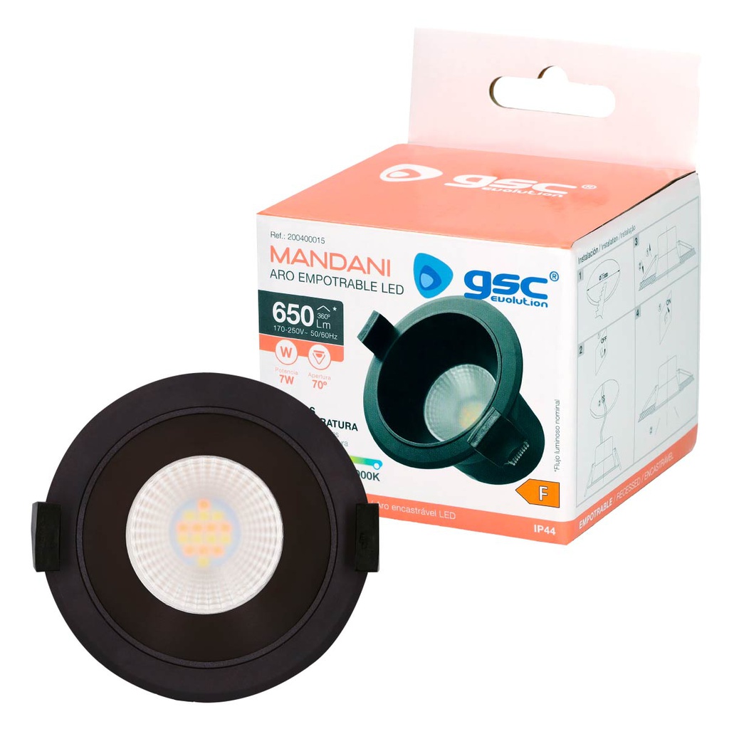 Aro rendondo empotrable LED Mandani 7W 3000-4000-6500K antideslumbramiento Negro
