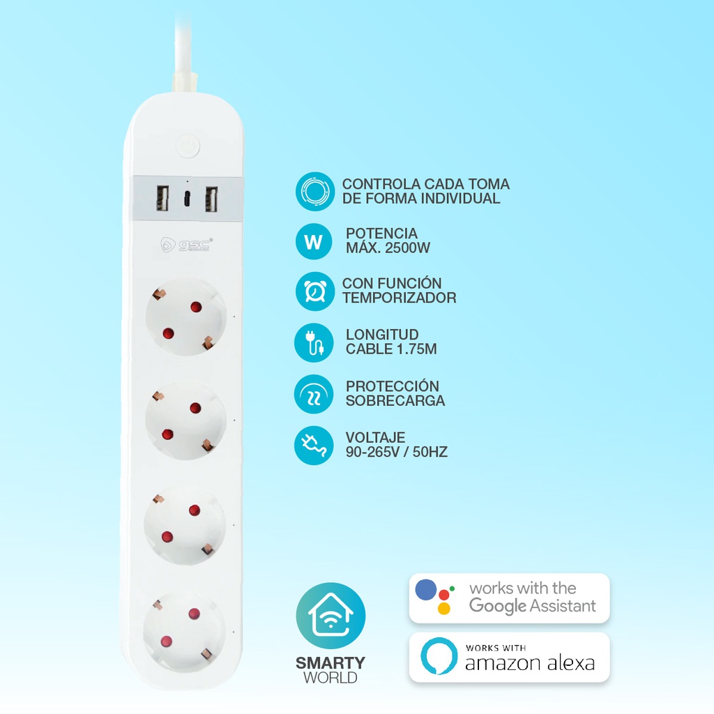 Base múltiple inteligente vía wifi o bluetooth 4T + 2 USB + tipo C (3x1.5mm) 1,5M