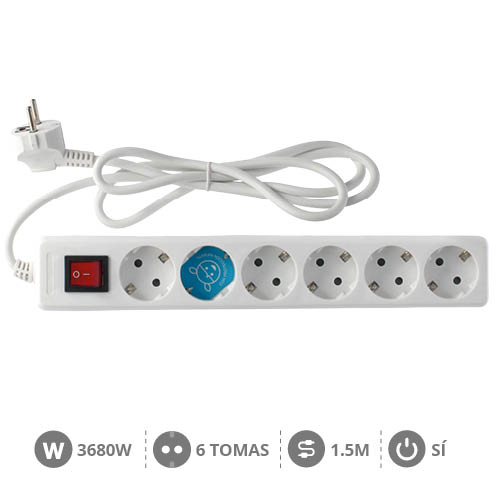 6 way socket White with switch (3x1.0mm) 1,5M wire
