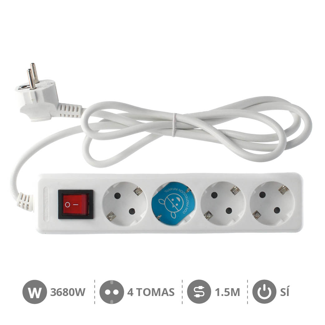 4 way socket White with switch (3x1.5mm) 1,5M wire