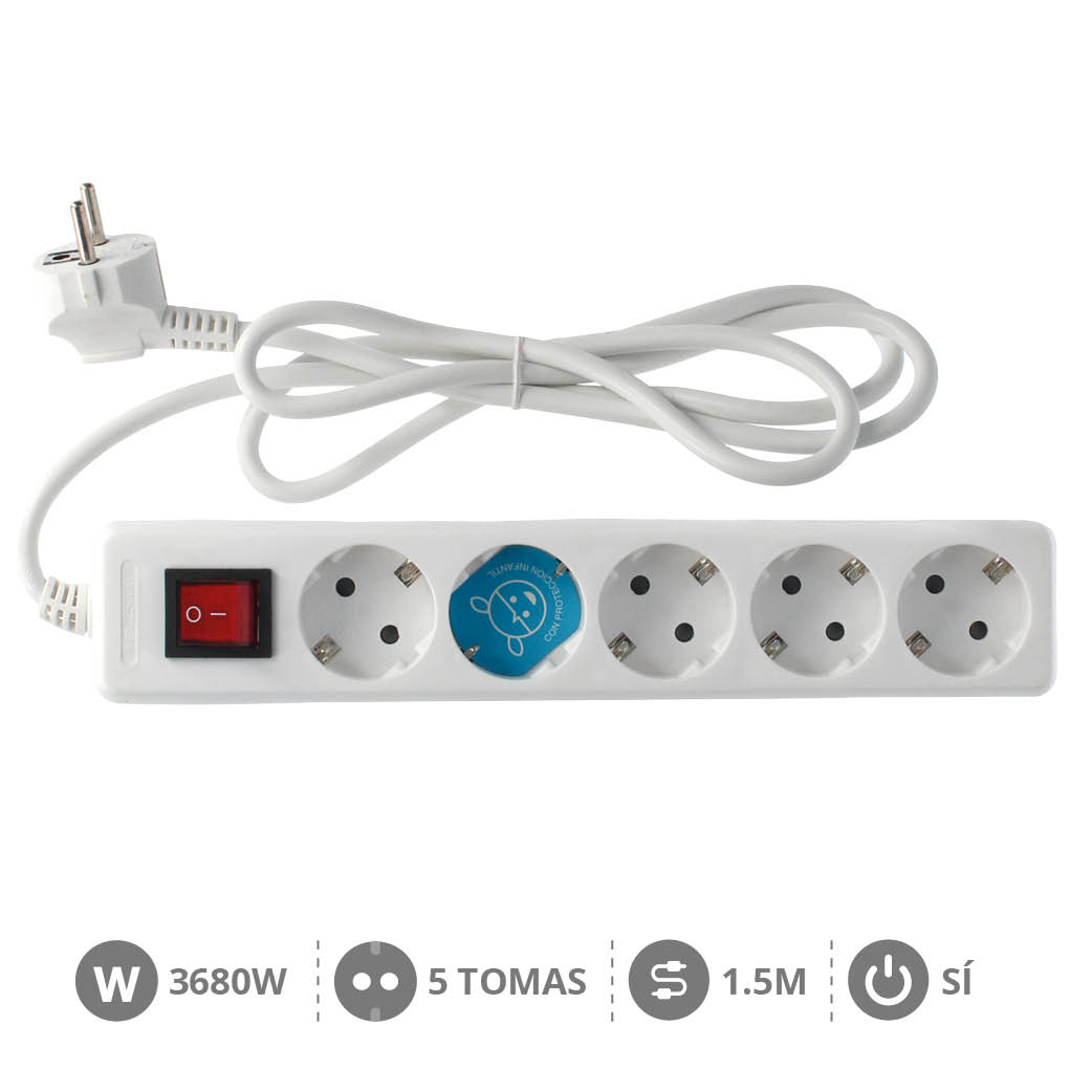 5 way socket White with switch (3x1.5mm) 1,5M wire