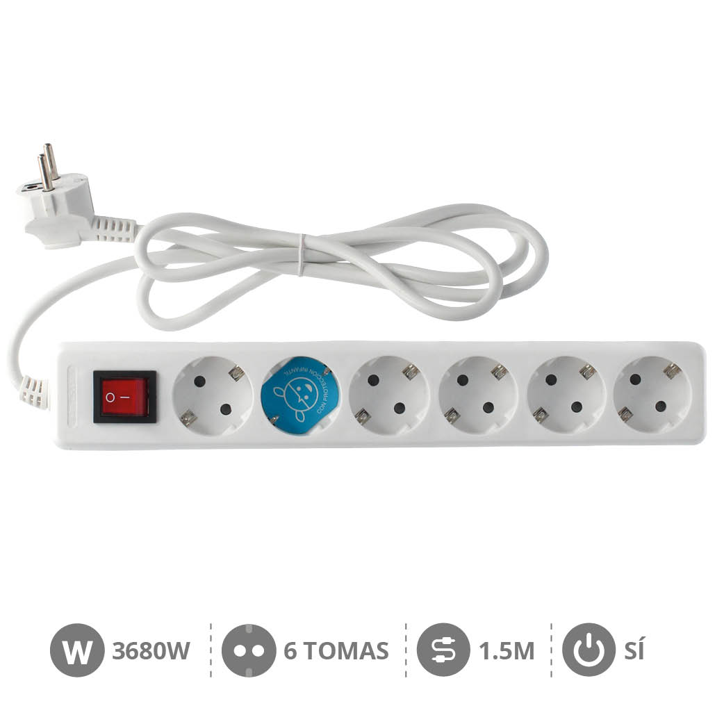 6 way socket White with switch (3x1.5mm) 1,5M wire