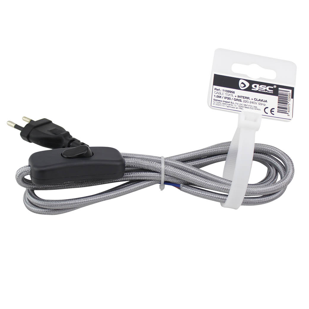 Cable textil 1.5M (2x0.75mm) clavija+int Gris