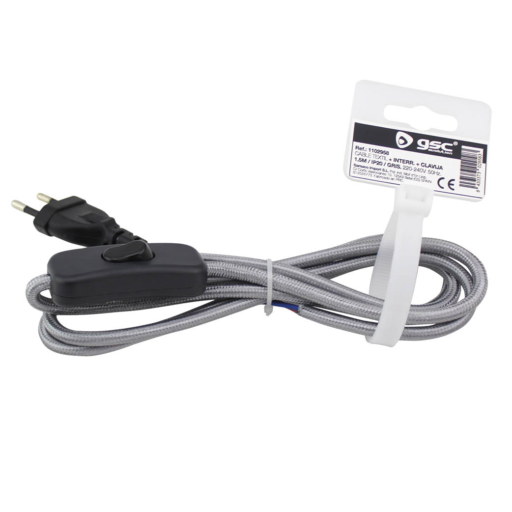 Textile cable 1.5m (2x0.75mm) plug + int grey