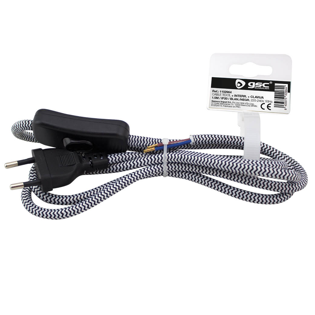 Textile cable 1.5m (2x0.75mm) plug + int white/black