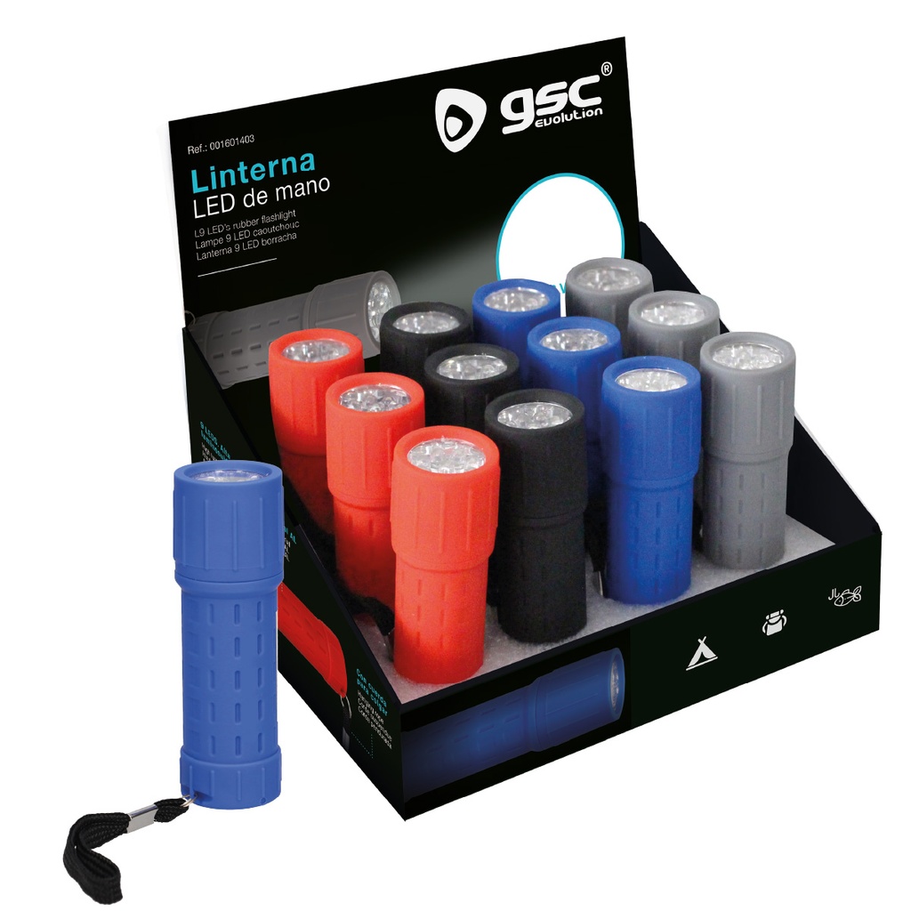Linterna 9LEDs goma - 12 uds. caja expositor