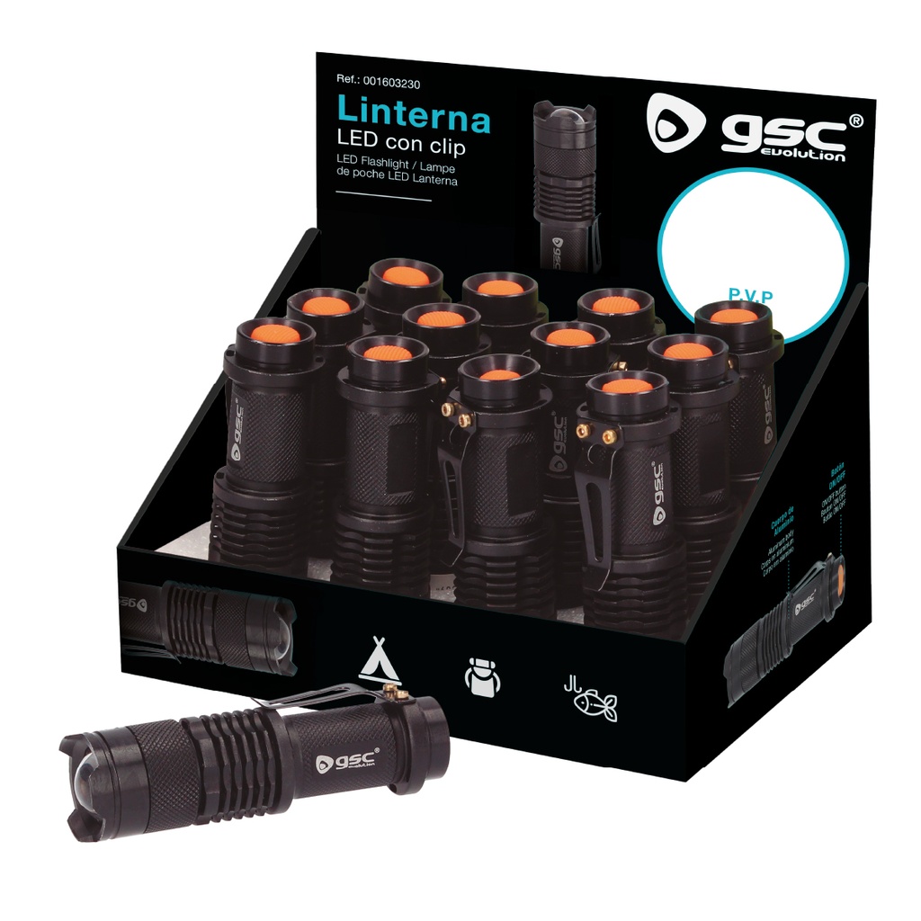 Flashlight with clip 3W - 12pcs display box