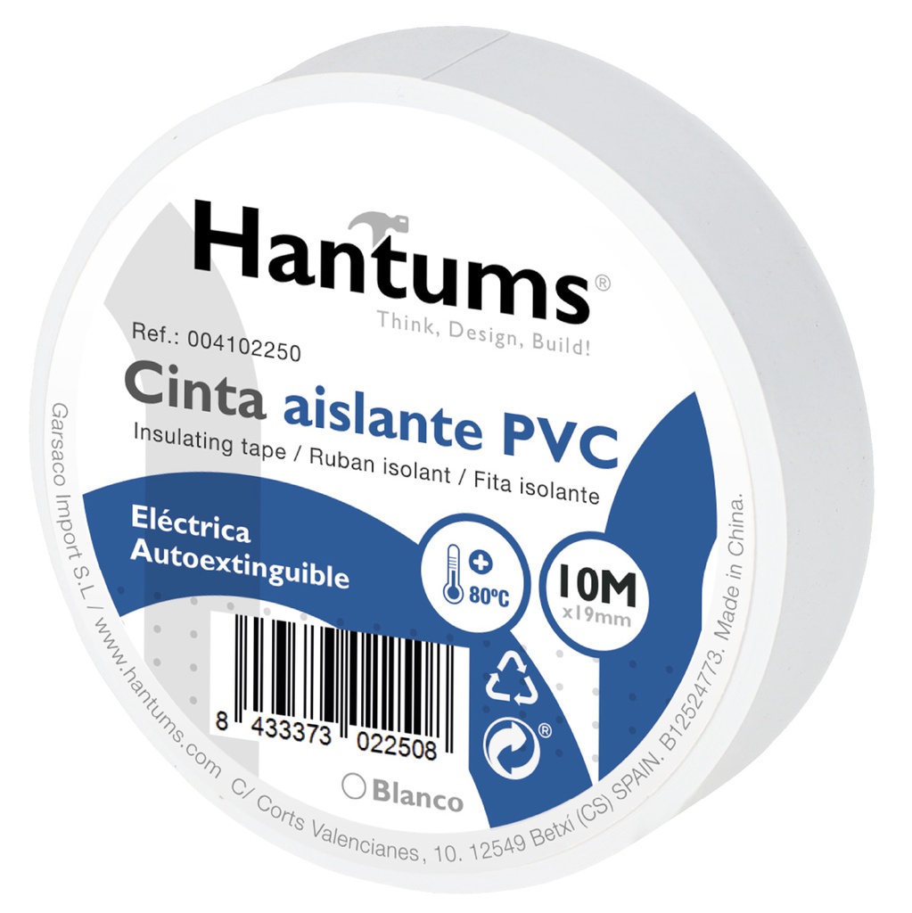 Ruban élect. isolant PVC 10 M Blanc-Sous film rétractable 10 u