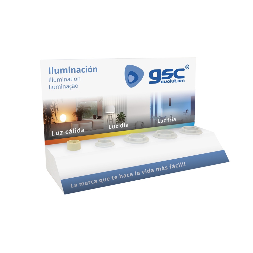 Expositor testador lâmpadas – 3 x E27, 1 x E14, 1 x GU10