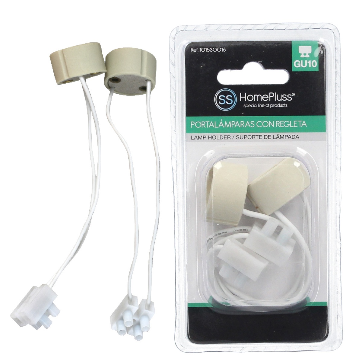 Blister 2 porte-lampe avec dominos connectés GU10 - 10 u sous film rétractable
