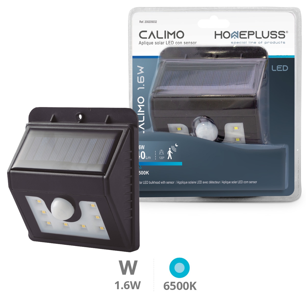 Aplique solar con sensor 1.6W 6500K Negro - 5u caja exp
