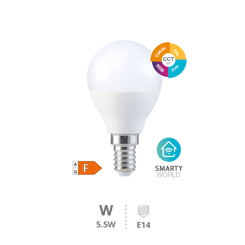 Lâmpada LED esférica inteligente via Wi-Fi e Bluetooth 5,5 W E14 RGB + CTT regulável