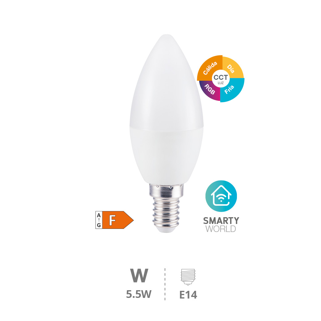 Bombilla LED vela inteligente vía wifi y bluetooth 5,5W E14 RGB + CTT regulable