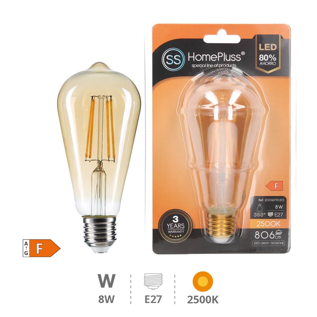 Gold ST64 LED filament bulb 8W E27 2500K 6pcs box