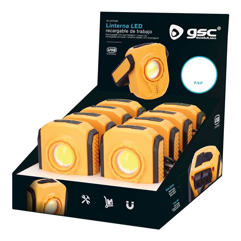 Linterna de trabajo LED COB 6W recargable - 8u caja exp