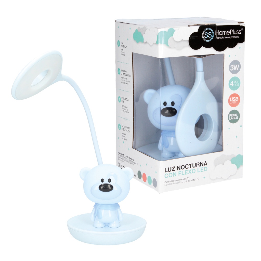 Luz de noche infantil LED Osito con flexo 3W recargable Azul