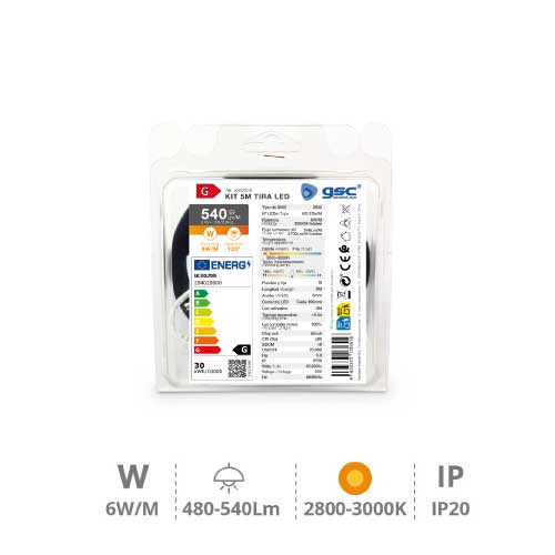 Kit 5 m Tira de LED 6 W/M IP20 2800–3200 K preparado