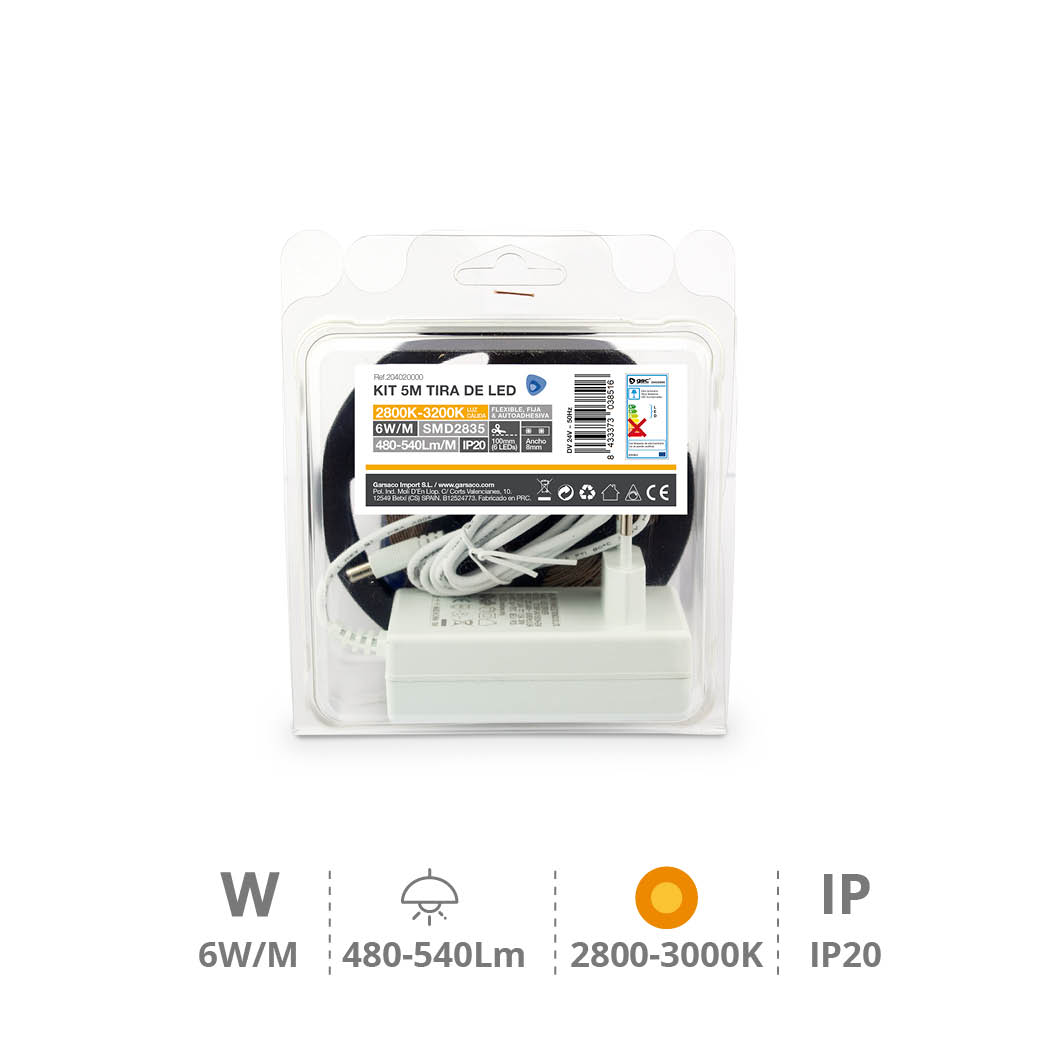 Kit 5 m Tira de LED 6 W/M IP20 2800–3200 K preparado