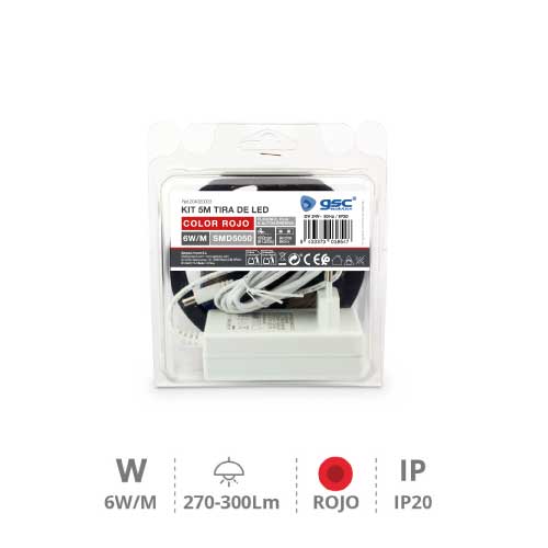 Kit 5 M Bande de LED 6 W/M IP20 Rouge préparé