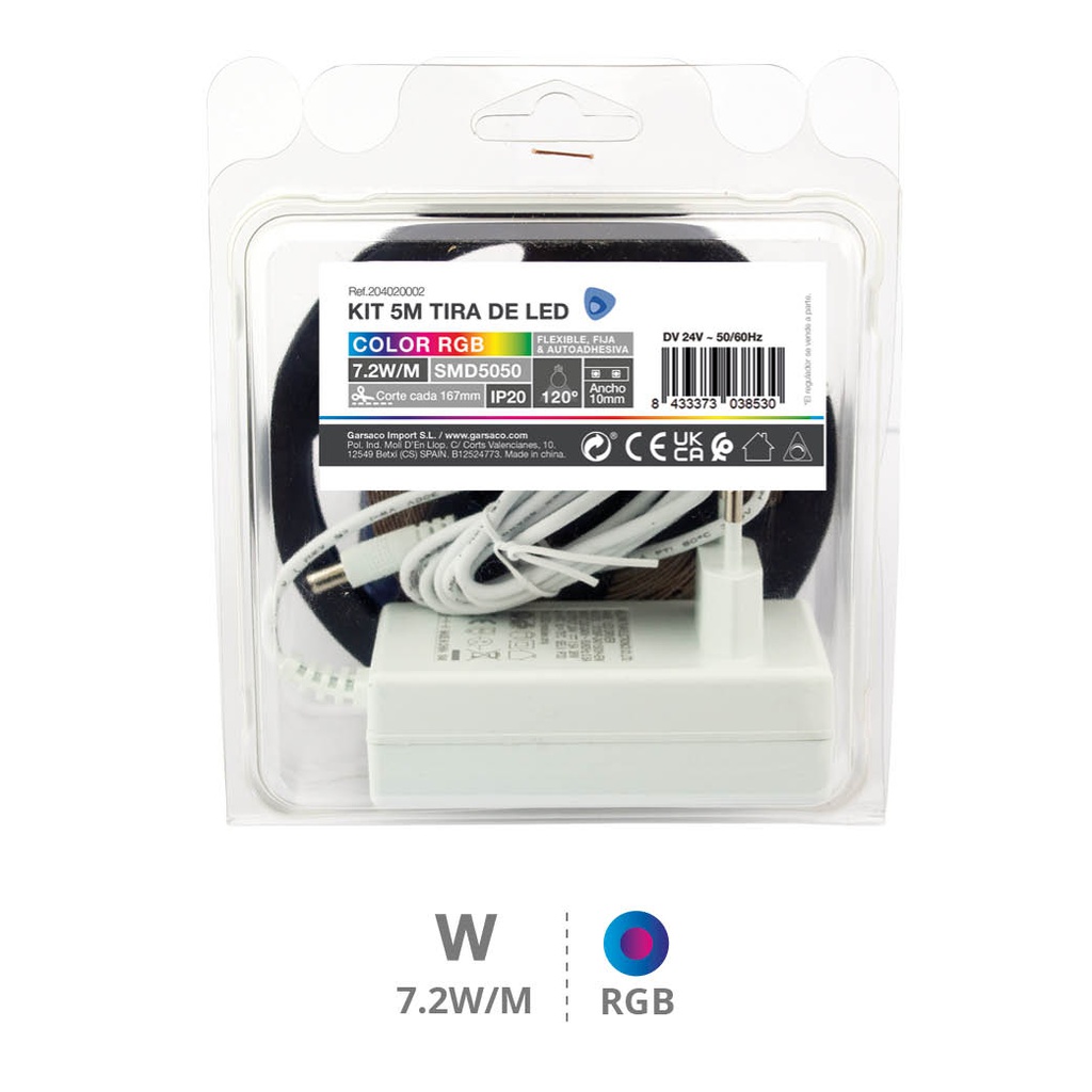 Kit 5 m fita LED 7,2W/m IP20 RGB preparado