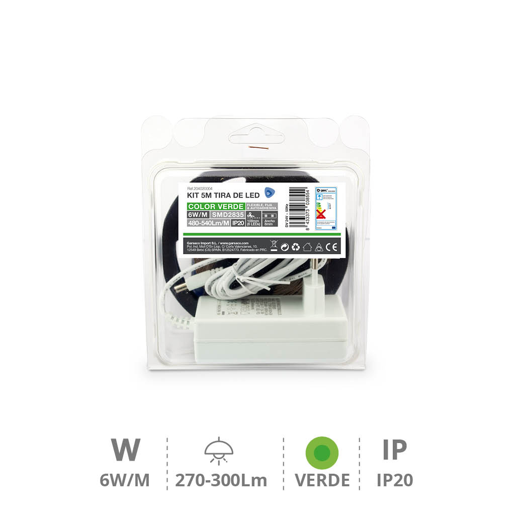 Kit 5 M Bande de LED 6 W/M IP20 Vert préparé