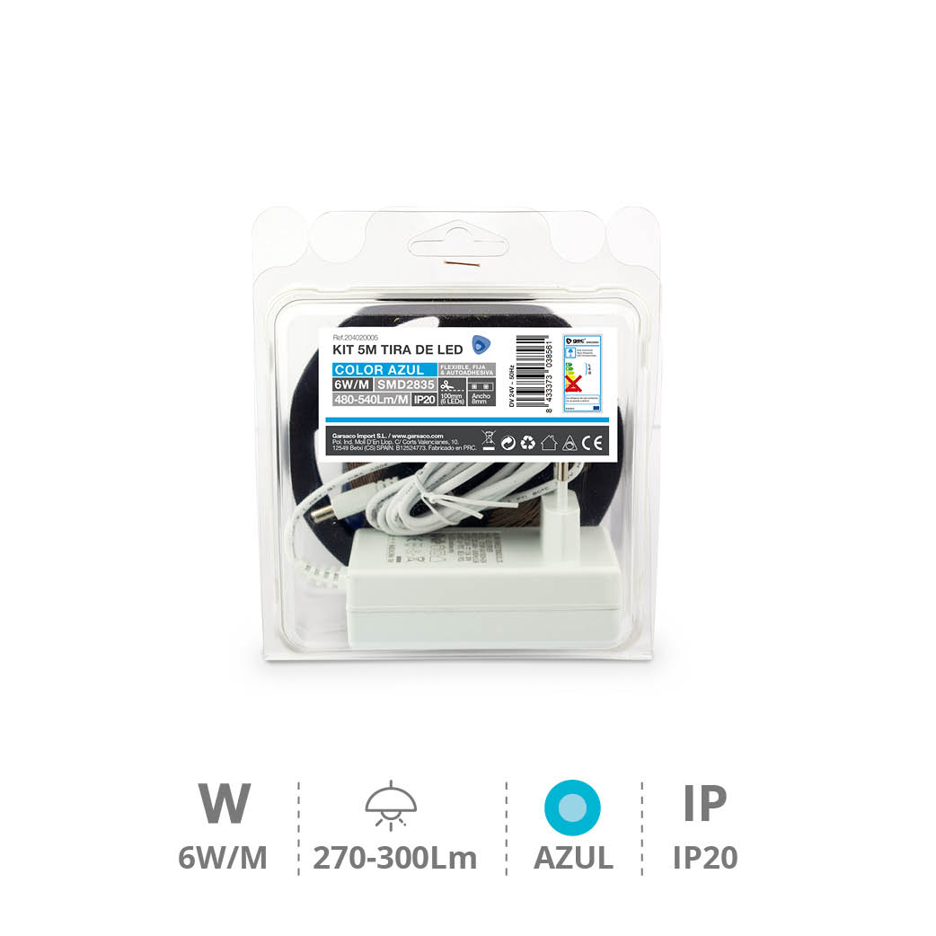 Kit 5 m Tira de LED 6 W/M IP20 Azul preparado