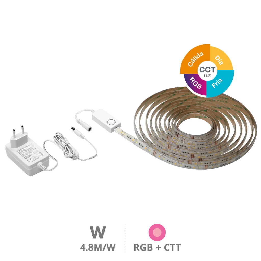 Kit 5 m Tira inteligente LED via Wi-Fi e Bluetooth 4,8 W/M RGB + CTT IP65