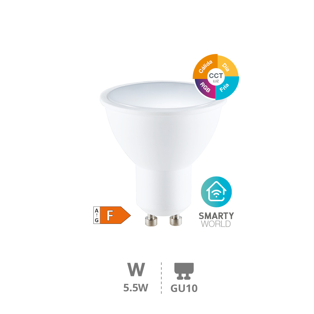 Lâmpada LED dicroica inteligente via Wi-Fi 5,5 W GU10 RGB + CTT regulável