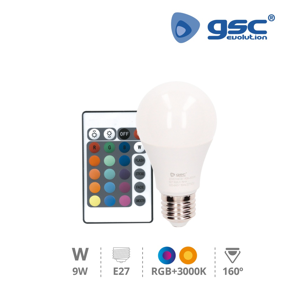 Lámpara estándar 9W E27 RGB + 3000K con mando