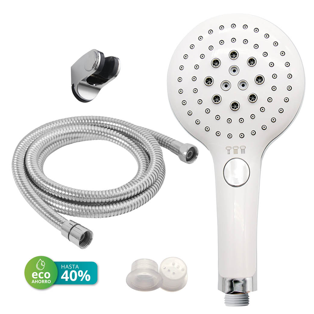 Kit de duche eco poupança: Cabeça de chuveiro 129 mm 3 funções + tubo flexível + suporte ajustável