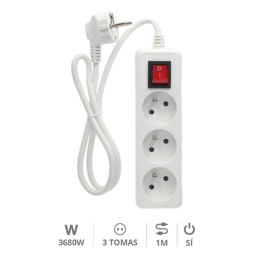 Tomada múltipla 3P + Int. (3 x 1,0 mm) 1 m Branca